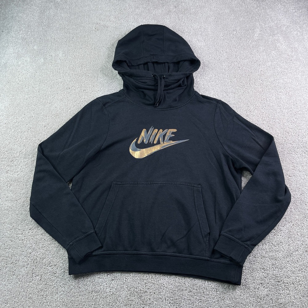 Nike Hoodie Womens Medium Black Funnel Neck Gold Swoosh Logo Pullover Sweatshirt